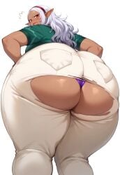 ai_generated ass ass_bigger_than_head ass_focus bare_legs bbw big_ass big_butt blush booty dark-skinned_female dark_skin elf elf-san_wa_yaserarenai elf_ears elf_female fat_ass gigantic_ass hairband huge_thighs jean_shorts kuroeda long_hair looking_back low-angle_view massive_ass panties panties_exposed purple_hair red_eyes ripped_clothing solo_female squatting sweat sweatdrop t-shirt t2d@ai thick_body thick_female thick_thighs thighs thighs_bigger_than_head voluptuous voluptuous_female wardrobe_malfunction