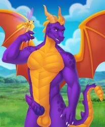 anthro_dragon boner clouds dragon_knot grass green horns looking_at_viewer naked penis purple purple_dragon red scales scalies seitr_bulletproof sky sparx spyro spyro_the_dragon wings yellow yellow_balls