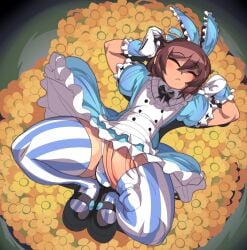 1boy 2023 2d alice_margatroid_(cosplay) balls big_penis brown_hair brown_skin captain_kirb captain_kirb_undertale_(style) cute enormous_penis eyebrows eyebrows_visible_through_hair femboy flowers frisk frisk_(undertale) halloween human human_male human_only legwear maid_dress maid_outfit male male_only penis_in_stocking penis_in_thighhighs solo solo_male tagme undertale undertale_(series) undertale_captain_kirb_(style) veiny_penis yellow_flowers