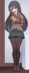 absurdres arms_behind_back ball_gag black_pantyhose blue_eyes bondage bound ddt_(darktrident) female female_only femsub fully_clothed gag grey_hair highres indoors long_hair necktie pantyhose pleated_skirt restrained rope sakurajima_mai saliva school_uniform seishun_buta_yarou shibari_over_clothes skirt standing