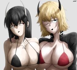 2girls artist_name big_breasts bikini black_hair blonde_hair blue_eyes breast_press breasts cross demon demon_girl eva_heinrich horns looking_at_viewer misaki_takamiya necklace red_eyes scar short_hair ss uniform woomler