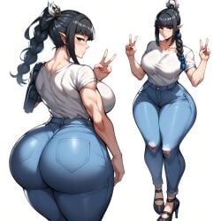 ai_generated alluring baldur's_gate_3 black_hair blue_jeans blunt_bangs braided_ponytail eogard_orc front_and_back huge_ass shadowheart stable_diffusion thick_thighs tight_pants v_sign white_background white_shirt