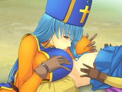 1girls blue_hair blush breast_squeeze breasts censored clothing dragon_quest dragon_quest_iii fellatio female gloves hat headpiece hero_(dq3) highres huge_breasts human large_breasts legs long_hair looking_down lying male oral orange_eyes paizuri penis priest_(dq3) roto simple_background straight thighs titfuck yoko_jyusuke