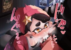 1boy 1girls agent_1_(splatoon) ass beanie blush breasts callie_(splatoon) censored cleavage cum cum_in_mouth deepthroat fellatio inkling inkling_girl irrumatio large_breasts long_hair owariritumi penis penis_in_mouth pink_beanie pointy_ears splatoon splatoon_(series) splatoon_2 splatoon_2:_octo_canyon tentacle tentacle_hair translation_request two_tone_hair