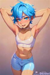 1boy abs abstract_background ai_generated armpits arms_behind_head blue_eyes blue_hair bulge crop_top cute darabri femboy feminine_male gay girly logo otoko_no_ko patreon patreon_logo penis_bulge short_hair shorts toned trap yaoi