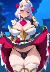 1girls ai_generated black_panties blush breasts bulge cleavage closed_mouth dress embarrassed erection_under_clothes futa_only futanari genshin_impact gloves green_eyes hair_ornament large_breasts looking_at_viewer looking_away noelle_(genshin_impact) panties racerai short_hair skirt_lift solo solo_futa standing thighhighs underwear