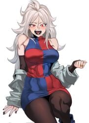 1girls abs abs_visible_through_clothing android_21 athletic_female big_breasts black_nails calf_muscles canines checkered_clothes dragon_ball dragon_ball_fighterz dragon_ball_z jaws lab_coat labcoat legwear light-skinned_female light_skin looking_at_viewer navel navel_visible_through_clothes open_mouth red_eyes solo_female surprised_expression teeth white_hair zquung