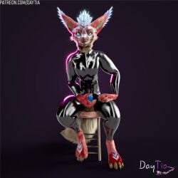 3d_(artwork) anthro balls c4d cinema_4d_(artwork) claws clothed clothing daytia digital_media_(artwork) erection fur genitals gloves hair handwear hi_res isaacjexo knot latex latex_clothing latex_gloves latex_handwear male penis pose posed rexouium simple_background smile solo tail vrchat