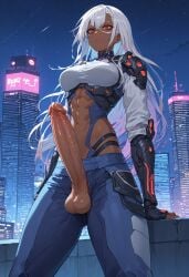 1futa abs ai_generated armor athletic athletic_futanari breasts city city_background cityscape dark-skinned_futanari dark_skin futanari large_penis night pants partially_clothed penis precum red_eyes self_upload stable_diffusion testicles white_hair