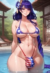 1futa 2d ai_generated american_flag_bikini balls big_ass big_breasts big_penis bikini braided_ponytail breasts bulge cleavage curvy flaccid futanari genshin_impact hands_behind_back hourglass_figure light-skinned_futanari long_hair mole mole_under_eye partially_submerged penis_peek pool purple_eyes purple_hair raiden_shogun santopati seductive self_upload skimpy_bikini skindentation slim_waist smile solo swimsuit thick_thighs toned uncensored very_long_hair wet wet_skin wide_hips