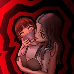 2girls akita95 black_dress bondage breasts brown_hair choker crown_braid dress gag gagged grabbing_another's_breast grey_hair incest licking long_hair looking_at_viewer makoto_niijima medium_breasts overalls painted_fingernails persona persona_5 red_eyes sae_niijima shirt short_hair shuujin_academy_uniform sisters tape tape_gag tongue tongue_out white_shirt yuri