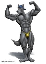 2020 5_toes abs absurd_res anthro arm_tuft backwards_baseball_cap backwards_hat baseball_cap big_muscles black_claws black_nose broad_shoulders bulge canid canine canis cheek_tuft chin_tuft claws clothing detailed_bulge digital_drawing_(artwork) digital_media_(artwork) elbow_tuft facial_tuft feet fist flexing flexing_bicep flexing_both_biceps fluffy fluffy_tail fur furgonomic_baseball_cap furgonomic_headwear furgonomics grey_body grey_fur hat head_tuft headgear headwear hi_res humanoid_feet looking_at_viewer male mammal muscular muscular_anthro muscular_male navel nipples pecs pink_nipples plantigrade pose presenting sampsonwoof serratus shaded signature simple_background smile solo standing tail tight_clothing toe_claws toes tuft underwear whisker_spots whiskers white_background wolf yellow_eyes