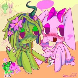 (meowgy) 2_girls blush bunny_ears bunny_girl cigar cigarette color colored digital_drawing_(artwork) ears_down finger_fuck fingering fingering_another flowers_in_hair green_(sprunki) green_skin holding_cigar holding_cigarette holding_object incredibox kissing paws pink_(sprunki) pink_bow pink_skin pinki_(sprunki) single_horn sitting_down sprunki vaginal_fluids vineria_(sprunki) weed yuri