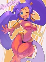 1girls breasts dark-skinned_female earrings female female_only green_eyes life_is_pi pointy_ears purple_hair shantae shantae_(character) solo thighs