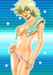 1girls 2005 aina_saharin breasts curvaceous female green_hair gundam gundam_08th_ms_team human large_breasts light-skinned_female light_skin looking_at_viewer panties short_hair solo tagme yuusuke_(ziyasu)