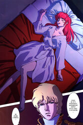 00s 1girls bed blue_eyes breasts char_aznable english_text female gundam haman_karn human kitazume_hiroyuki large_breasts light-skinned_female light_skin male pink_hair short_hair sleeping tagme text zeta_gundam