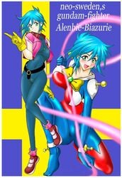 1girls allenby_beardsley artist_request blue_hair bodysuit breasts curvaceous erection_under_clothes female g_gundam gloves green_eyes gundam human jacket jewelry large_breasts light-skinned_female light_skin mobile_trace_suit necklace pilot_suit short_hair swedish_flag