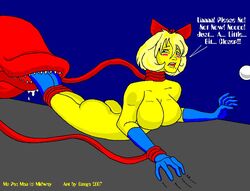 1girls 2007 artist_name audrey_fulquard audrey_ii balls blonde_hair blue_gloves blush_stickers bow carnivorous_plant crossover full_body legs_together little_shop_of_horrors midway ms._pac-man no_nipples nude omega_2064_x2 pac-man_(series) plant_vore restrained sharp_teeth speech_bubble vore yellow_skin