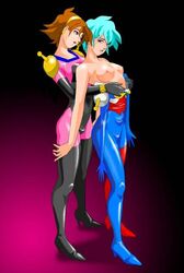 2girls allenby_beardsley artist_request blue_hair bodysuit breasts brown_hair curvaceous female g_gundam gundam human large_breasts lesbian light-skinned_female light_skin mobile_trace_suit multiple_girls nipples pilot_suit rain_mikamura short_hair tagme