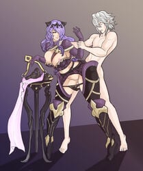 arm_grab armor breasts breasts_out camilla_(fire_emblem) clenched_teeth clothed_female_nude_male corrin_(fire_emblem) corrin_(male)_(fire_emblem) dick_hammersmith elbow_gloves elf female fire_emblem fire_emblem_fates garter_straps gloves greaves hair_ornament hair_over_one_eye hand_on_shoulder large_breasts long_hair looking_at_viewer looking_back male midriff nintendo nipples panties panties_down pointy_ears purple_hair red_eyes sex_from_behind short_hair silver_hair smile standing thighhighs vaginal_penetration