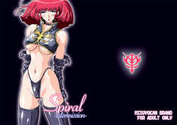 1girls 2004 black_background blue_eyes blush boots breasts cameltoe curvaceous female gloves gundam gundam_zz haman_karn human large_breasts latex light-skinned_female light_skin pink_hair raisuta short_hair solo tagme underboob