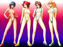 4girls artist_request bikini blonde_hair blue_eyes blue_hair blush breasts brown_hair bunny_higgins cath_ronary curvaceous female g_gundam glasses gundam high_heels human janet_smith large_breasts light-skinned_female light_skin lipstick micro_bikini multiple_girls nipples quartet red_hair shirley_lane shoes sling_bikini standing swimsuit