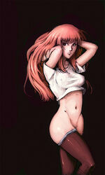 1girls ass bottomless breasts ken_marinaris large_breasts long_hair lowres navel pink_hair red_eyes solo t-shirt thighhighs zone_of_the_enders