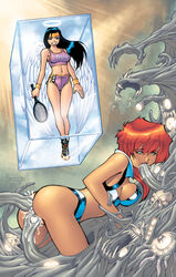 2001 2girls ass blue_hair breasts crop_top curvaceous dark-skinned_female dark_skin dirty_pair dirty_pair_(comics) female human kei_(dirty_pair) large_breasts light-skinned_female light_skin long_hair multiple_girls oral red_hair ryan_kinnaird short_hair shorts tentacle tomboy yuri_(dirty_pair)