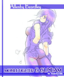 1girls allenby_beardsley ass blue_hair bodysuit breasts curvaceous female g_gundam gundam human jacket large_breasts light-skinned_female light_skin neo_hongkong short_hair solo