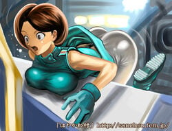 1girls accidental_exposure ass big_ass big_breasts blush breasts brown_hair curvaceous dat_ass emma_sheen female female_focus female_only gundam hayakawa_sonchou human large_breasts light-skinned_female light_skin military military_uniform shocked short_hair soldier solo surprise surprised zeta_gundam