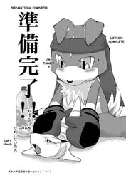 anthro blush boxing_gloves digimon digimon_savers english feral furry gaomon gloves headband japanese_text kneeling kudamon lotion male_only monochrome open_mouth