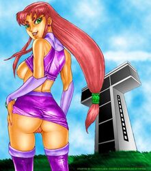 00s 1girls 2000s areola ass big_breasts breasts colored dat_ass dc_comics eyeshadow female female_only gloves green_eyes large_breasts long_hair makeup nipples pandoras_box pussy red_hair smile smooth_skin solo starfire teen_titans thigh_highs titans_tower vagina