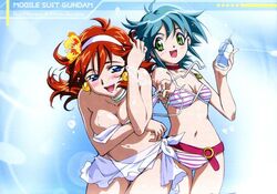 2girls allenby_beardsley bikini blue_eyes blue_hair blush breasts brown_hair duo female g_gundam green_eyes gundam hairband human large_breasts light-skinned_female light_skin nishida_asako rain_mikamura short_hair tagme