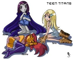 00s 2000s 3girls bcs blonde_hair blue_eyes cartoon_network dc dc_comics dcau female female_only footwear handwear human multiple_girls outerwear pale_skin purple_hair rachel_roth raven_(dc) smooth_skin starfire teen_titans terra terra_(dc) toonami