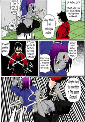 00s 1boy 1girls 2000s bondage comic dc dc_comics english_text female male purple_hair rachel_roth raven_(dc) robin_(dc) robin_(dc)_(other) straight_hair tagme teen_titans text