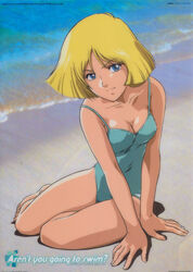 1girls beach blonde_hair blue_eyes breasts casual_one-piece_swimsuit cleavage collarbone dokite_tsukasa english female gundam head_tilt high_resolution human large_breasts light-skinned_female light_skin mobile_suit_gundam official_art one-piece_swimsuit sayla_mass short_hair sitting smile solo strap_slip swimsuit water yokozuwari