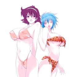 2girls allenby_beardsley artist_request bikini blue_hair breasts brown_hair curvaceous duo female g_gundam gundam hairband human large_breasts multiple_girls pale-skinned_female pale_skin rain_mikamura short_hair tagme underboob wide_hips