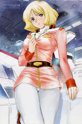 1girls blonde_hair breasts earth_federation female female_only gundam human kobayashi_hiyoko large_breasts light-skinned_female light_skin military_uniform mobile_suit_gundam sayla_mass short_blonde_hair short_hair solo tagme uniform