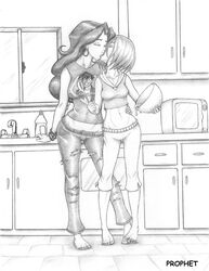 2girls clothing cooking female female_only hand_on_another's_waist holding_object human incest indoors kissing monochrome mother_and_daughter prophet signature susan_vandom torn_clothes w.i.t.c.h. will_vandom yuri