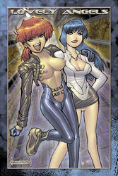 2001 2girls blue_hair breasts curvaceous dark-skinned_female dark_skin dirty_pair dirty_pair_(comics) duo female gloves hair human jacket kei_(dirty_pair) large_breasts light-skinned_female light_skin long_hair multiple_girls nipples pants pussy red_hair ryan_kinnaird short_hair skirt teeth yuri_(dirty_pair)