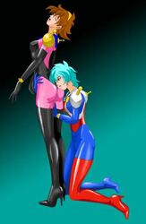 2girls allenby_beardsley artist_request ass blue_hair bodysuit breasts brown_hair curvaceous female g_gundam gundam human large_breasts light-skinned_female light_skin mobile_trace_suit pilot_suit rain_mikamura short_hair yuri