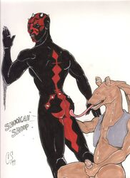 1990s 1999 20th_century alien ass chris_sawyer darth_maul gay gungan jar_jar_binks male male_only marker_(artwork) marker_(medium) multiple_males sith star_wars white_background yaoi zabrak