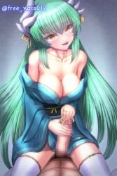 1boy 1girls barely_clothed blush breasts censored cleavage clothed_sex clothing cowgirl_position cum cum_drip dragon_girl dragon_horns ejaculation fate/grand_order fate_(series) female female_focus freenote022 green_hair half_naked handjob horns in_love in_love_with_viewer kiyohime_(fate) kiyohime_(fate/grand_order) large_breasts leggings long_hair looking_at_viewer male male_pov mosaic_censoring nude nude_male penis seductive seductive_look seductive_smile sex smiling smiling_at_viewer solo_focus tagme tagme_(artist) watermark white_legwear yellow_eyes