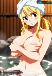 ai_generated big_breasts blonde_hair brown_eyes fairy_tail fairy_tail_100_years_quest juanpiamvs long_hair lucy_heartfilia nude onsen patreon patreon_username subscribestar subscribestar_username towel_only twintails water watermark