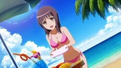 belly_button big_breasts itsuwa official_art pink_swimsuit purple_hair short_hair smile swimsuit to_aru_majutsu_no_index towel wet_body