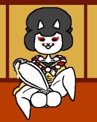 1boy 2024 alternate_color alternate_version_available anthro anthro_only background black_hair bodily_fluids cat_ears catboy cum feline furry furry_male furry_only geisha_hair goemon_cat hyper hyper_penis kimono kimono_only large_penis leaking_cum looking_at_viewer makeup nyanko_daisensou open_mouth palafinthe24th penis penis_out smug smug_face solo the_battle_cats thick white_fur