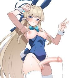 1futa animal_ears arm_up armpits asuma_toki balls bare_shoulders big_breasts big_penis blonde_hair blue_archive blue_eyes blue_hair blush bow bowtie breasts censored clothed clothing covered_navel double_v eichan_(eichanidfi) erection fake_animal_ears functionally_nude futa_only futanari highres human light-skinned_futanari light_skin long_hair looking_at_viewer mosaic_censoring multicolored_hair nipples penis playboy_bunny precum precum_drip rabbit_ears rabbit_tail simple_background solo standing streaked_hair tail testicles thighhighs toki_(blue_archive) toki_(bunny)_(blue_archive) v very_long_hair white_background white_thighhighs