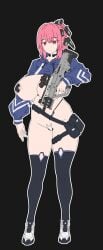 assault_rifle belt casual female female_only firearm gun human legwear maebari pale_skin pink_eyes pink_hair revealing_clothes rifle short_hair skimpy_clothes tactical_nudity tagme targer weapon x_pasties