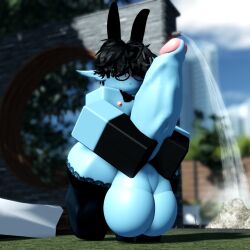 1boy 3d balls big_penis black_hair blue_skin bunnysuit femboy goblin hyper_penis lauxdmn outdoors penis roblox robloxian self_upload tagme thick_thighs