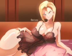 1girls alternate_version_available android_18 blonde_hair blue_eyes breasts dragon_ball dragon_ball_z female female_only large_breasts lingerie looking_at_viewer see-through see-through_clothing solo suyuu_art thick_thighs thighs wide_hips